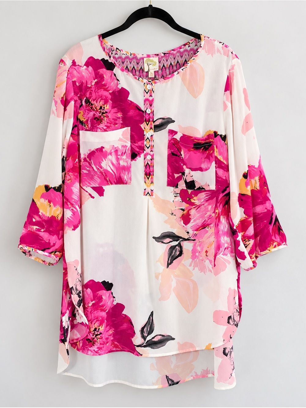 Fig & Flower Floral Tunic Top 2X Pink Artsy Maximalist Oversized High Low Pocket